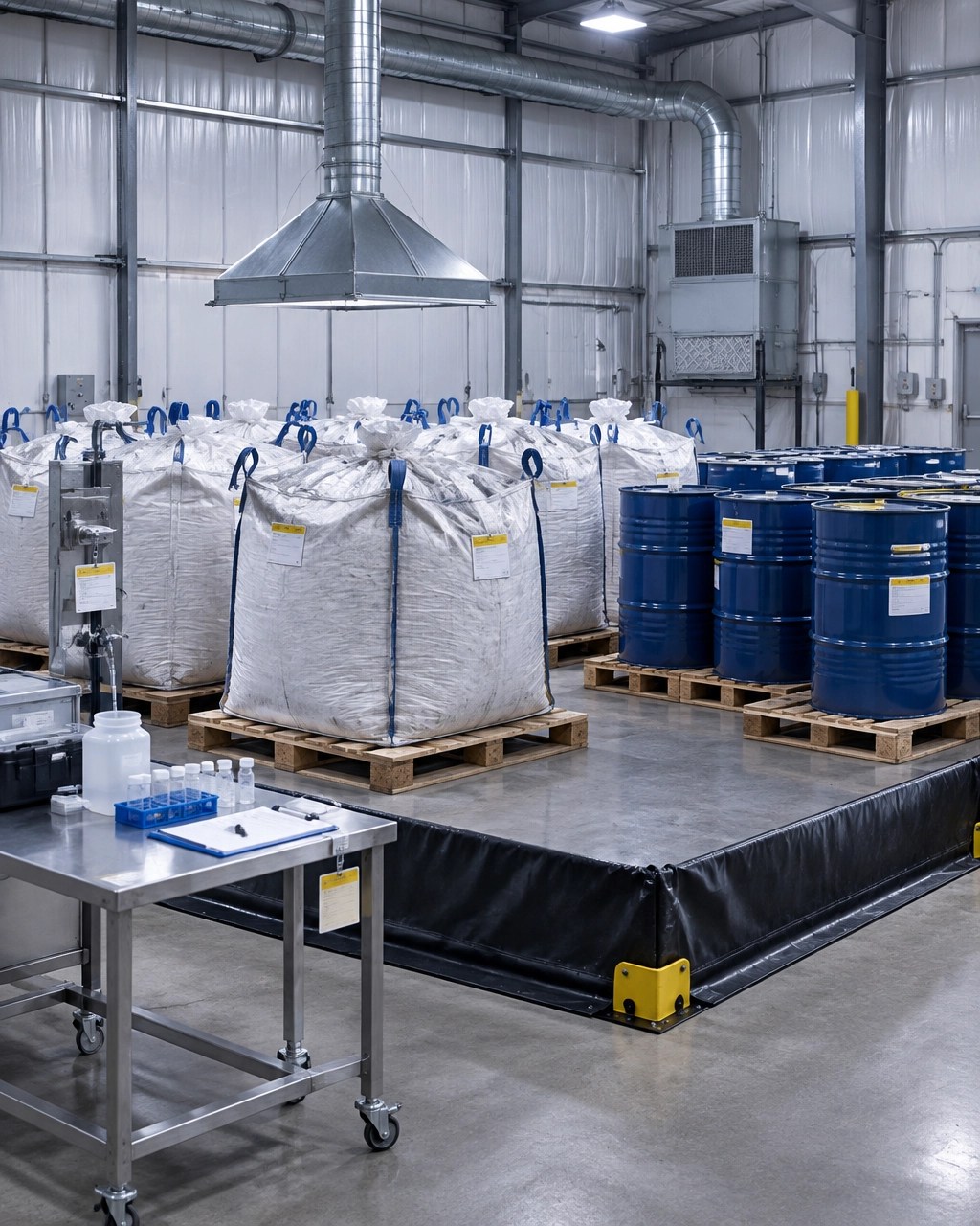 Sealed containers and supersacks of spent PFAS treatment media staged for compliant waste management