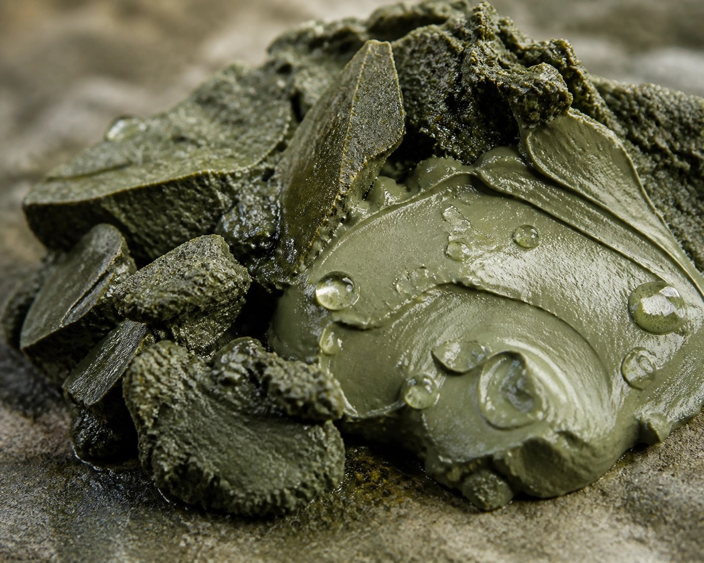 Texture of mineral-rich French green clay showing raw earthy chunks for natural healing and tissue repair.