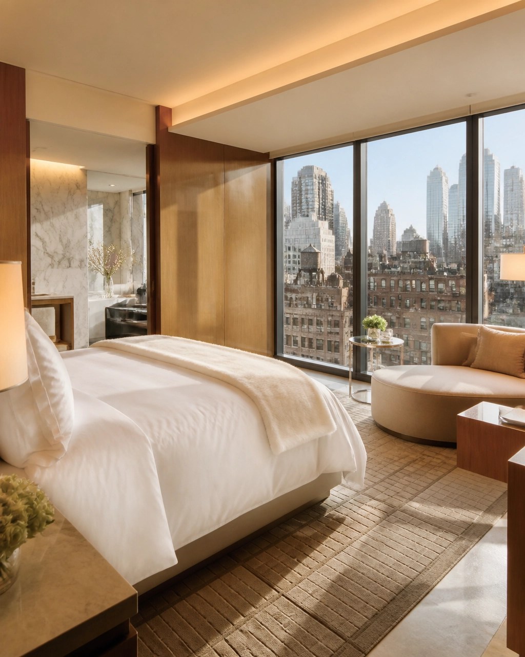Elegant luxury hotel suite with cream furnishings, crisp linens, and Manhattan views