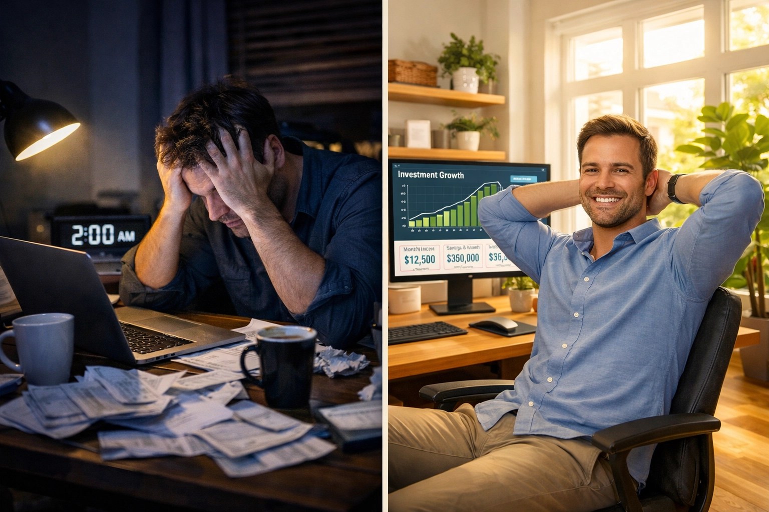 Before and after: stressed side hustler transforms into confident wealth builder with systematic approach