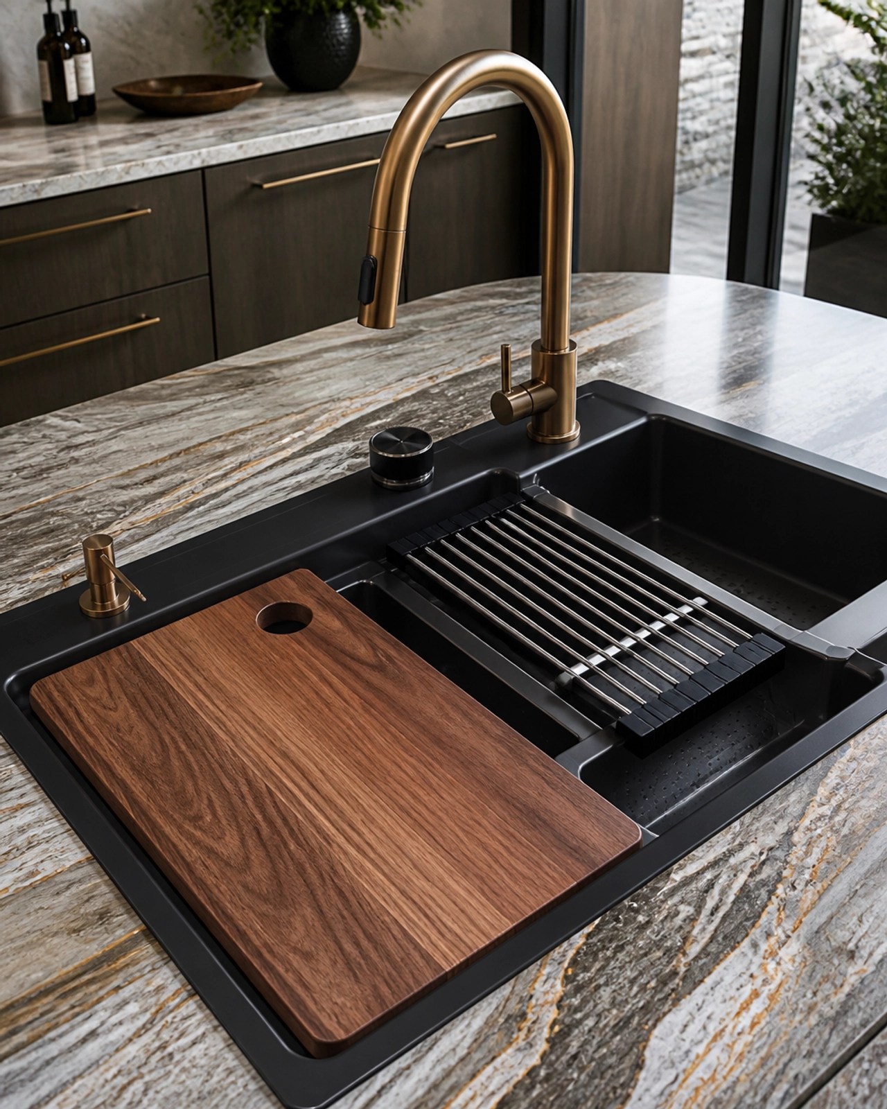 A close-up of a high-quality workstation sink with integrated accessories like a cutting board.