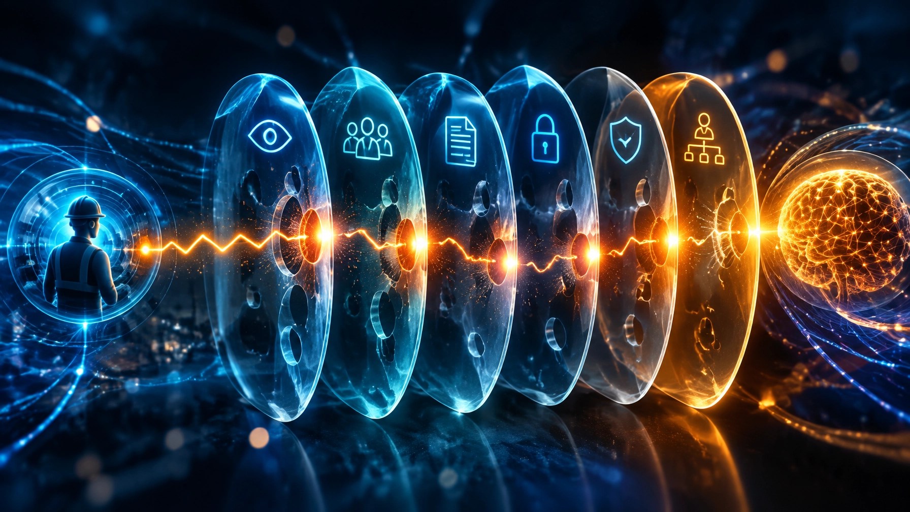 A layered futuristic organization where a small safety signal is blocked by policy, privacy, and professional boundaries