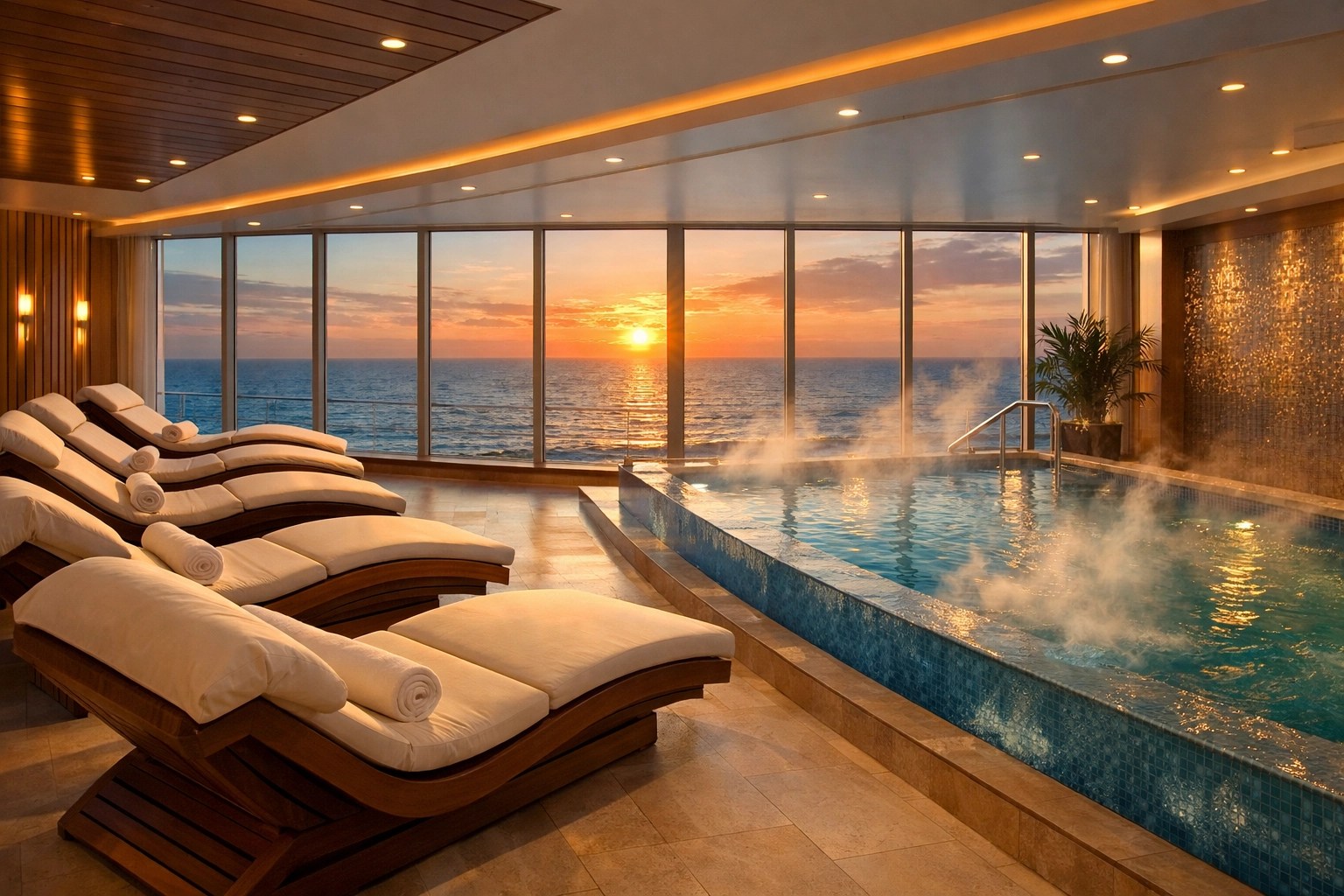 Luxury cruise ship thermal suite with ocean views and relaxation pool for wellness travelers