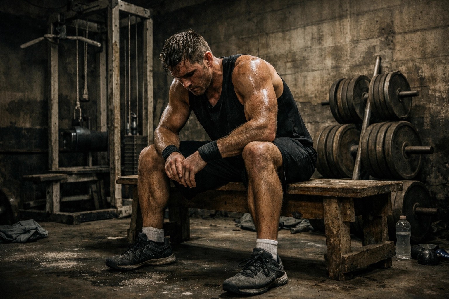 Athlete resting in a garage gym highlighting the grit and recovery needed for longevity.