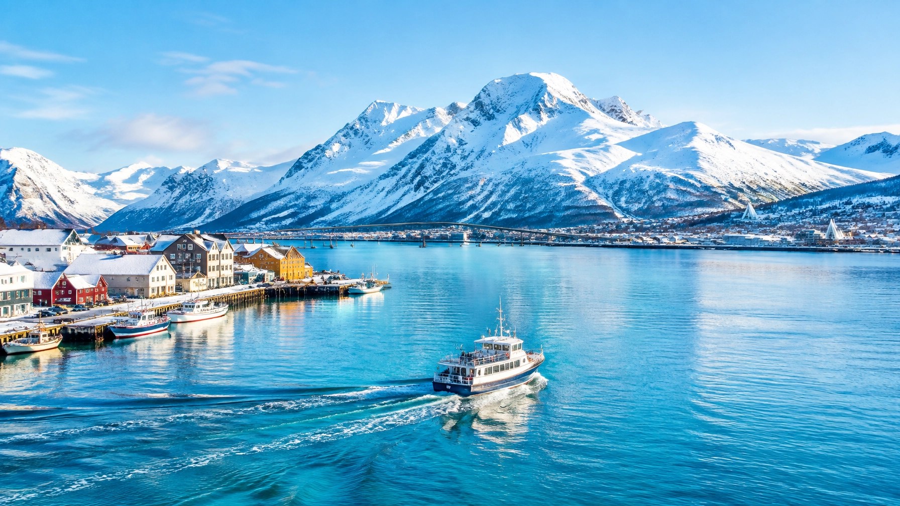 Sunlit Tromsø fjord with snowy mountains and a small boat in bright Arctic daylight