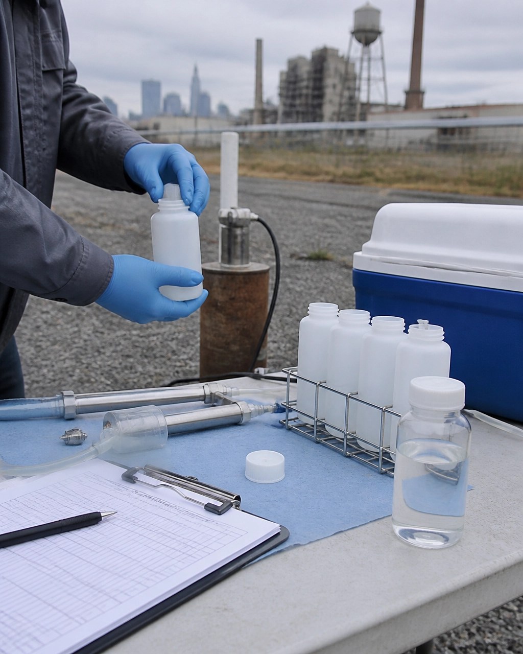 PFAS sampling bottles, field blanks, tubing, and chain-of-custody materials prepared for a New Jersey investigation