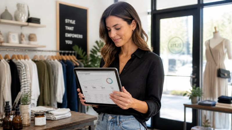 A small business owner reviewing customer engagement data and leads on a tablet in a bright, modern boutique storefront