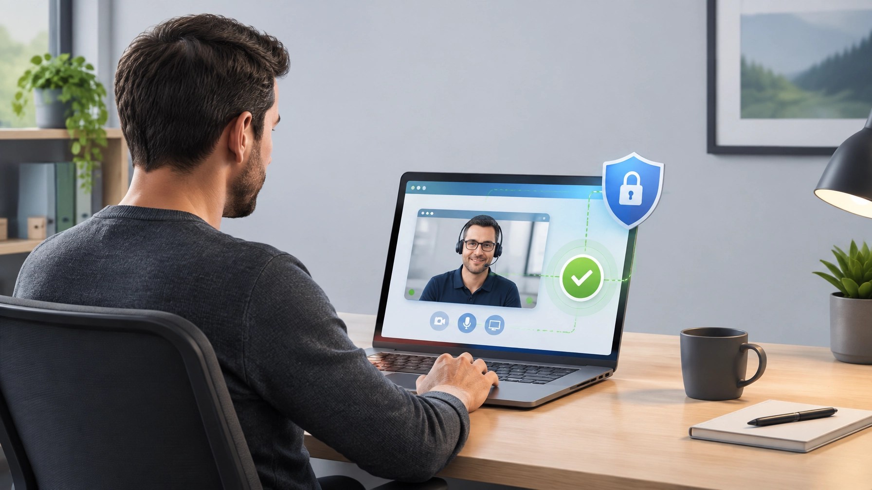 A remote IT support session with clear consent and a security shield