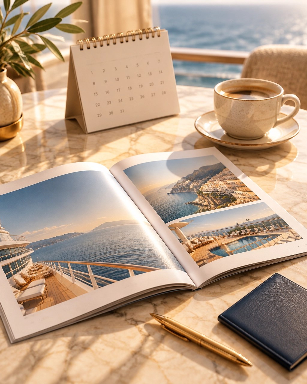 Sunlit travel-planning still life with a blank cruise brochure, future-year calendar, brass pen, passport, and coffee cup on a marble table