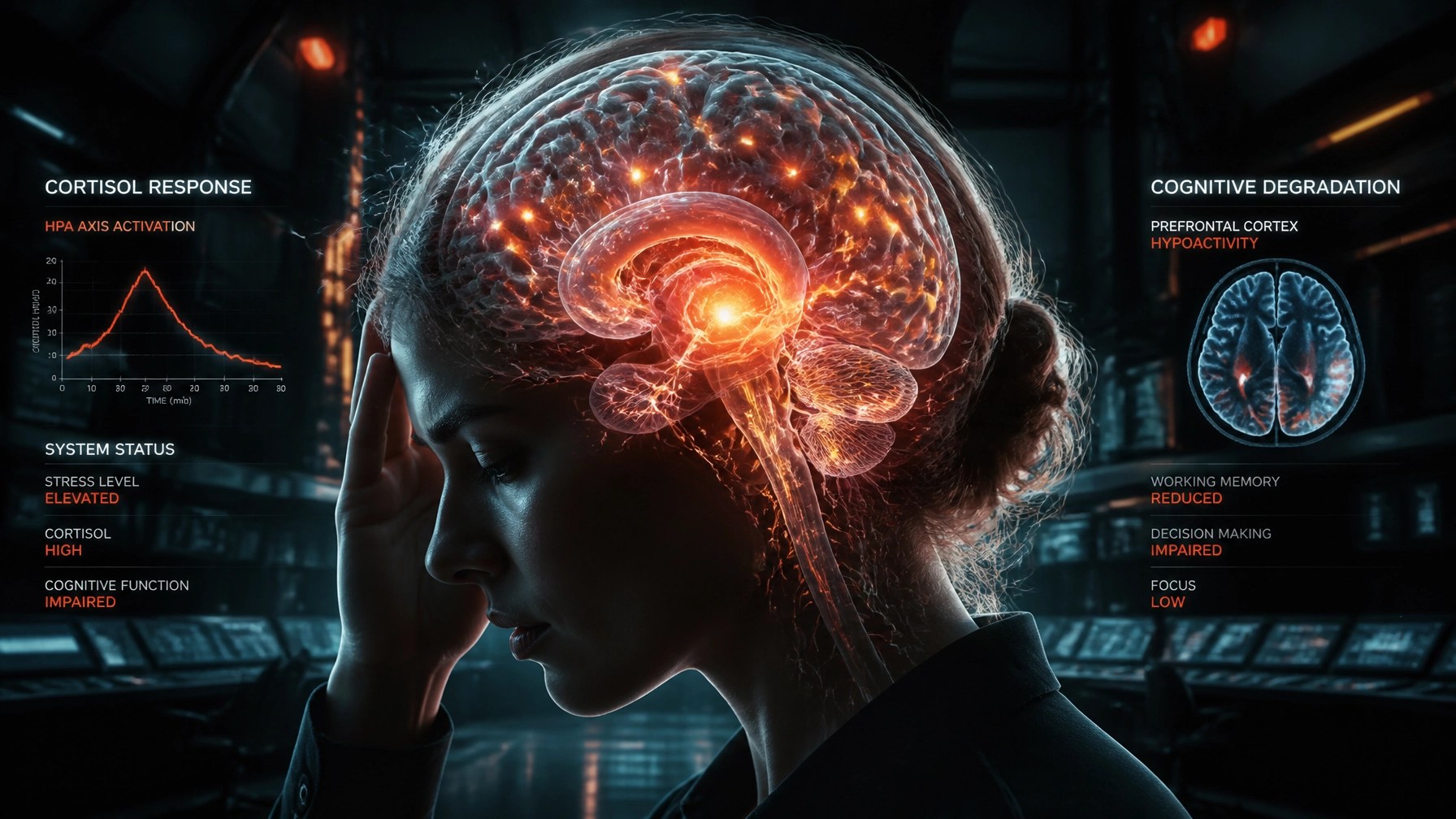 Cinematic futuristic visual of cortisol response and cognitive degradation under acute stress