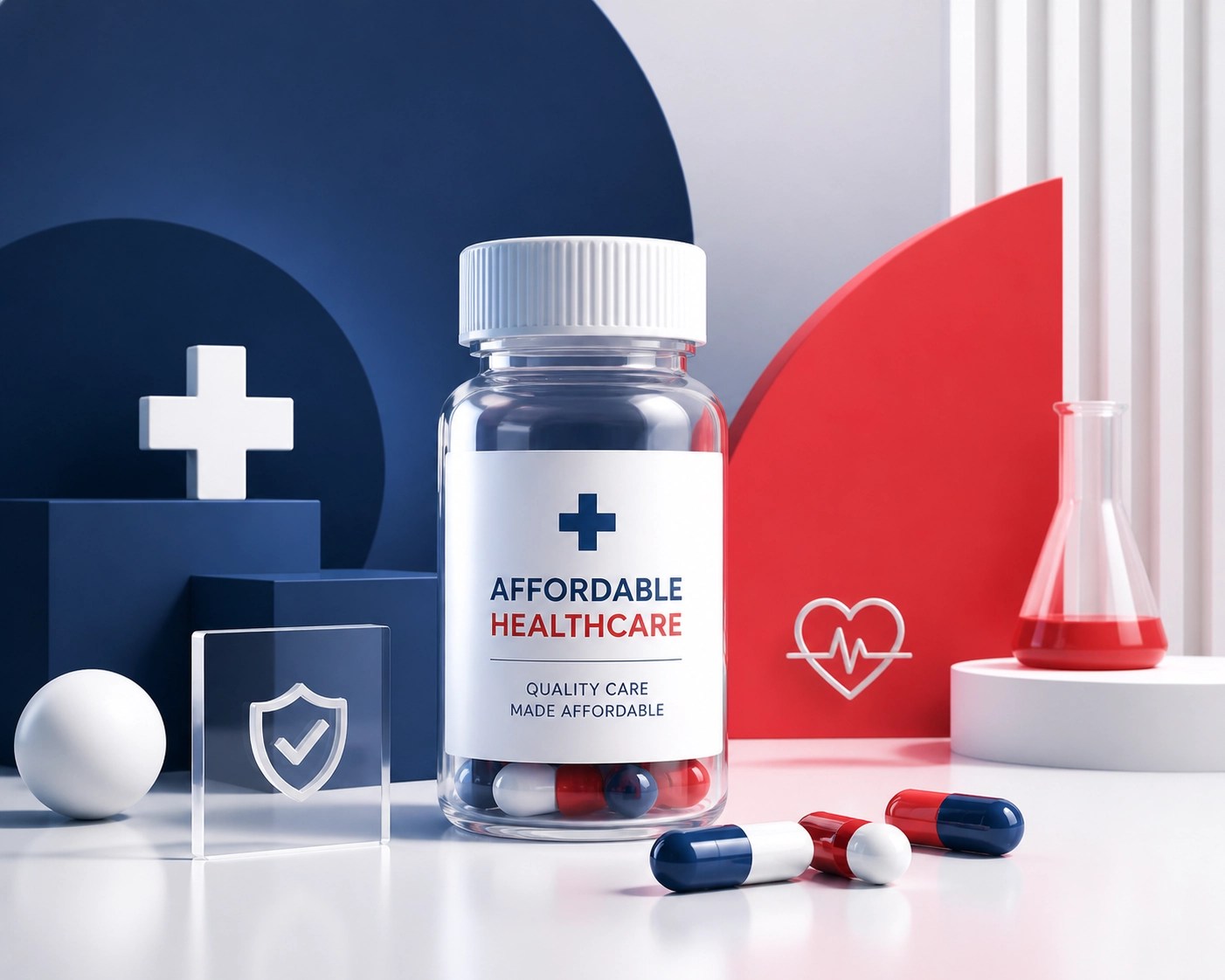 Stylized medicine bottle and capsules representing lower pharmacy costs for veterans under the MISSION RX Act.
