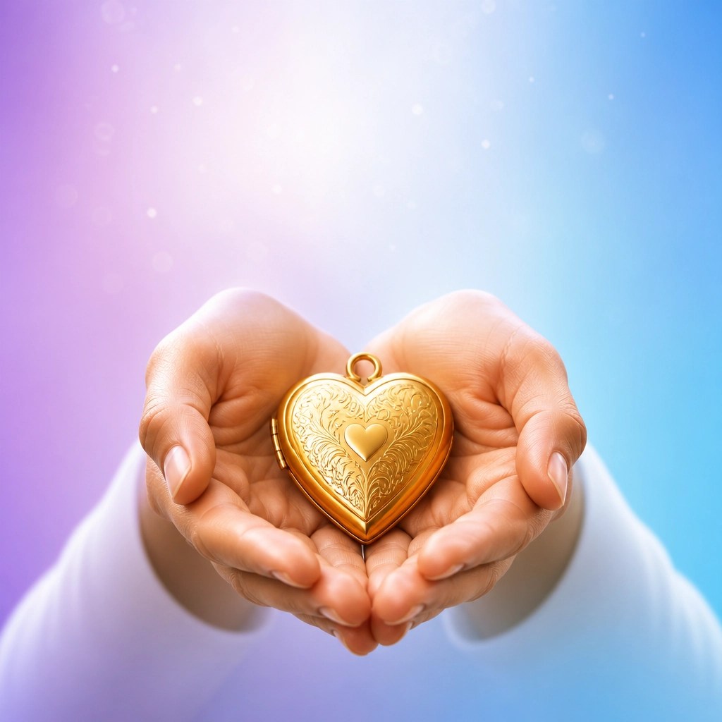 Hands holding a gold heart locket on a violet and blue pastel gradient background