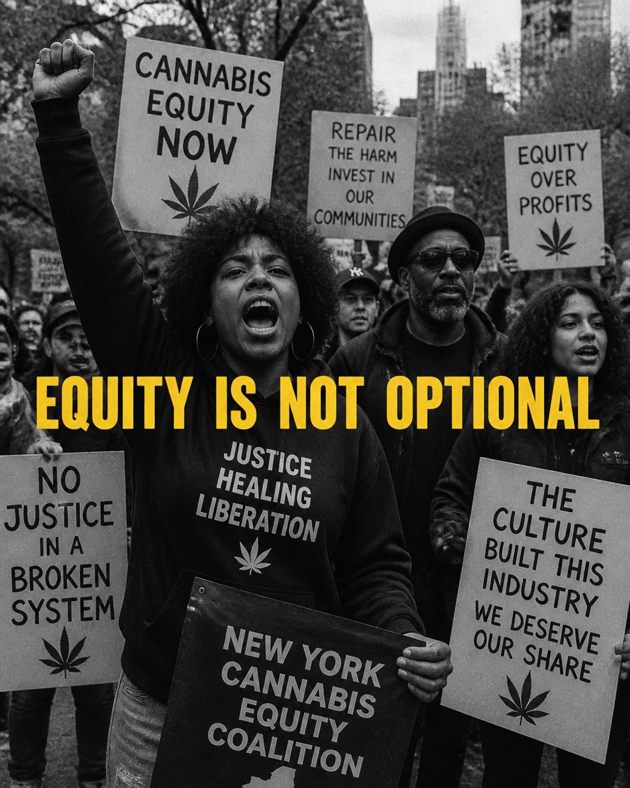 A black and white photo of a diverse crowd of activists at a rally with a bold yellow text overlay reading 'EQUITY IS NOT OPTIONAL'