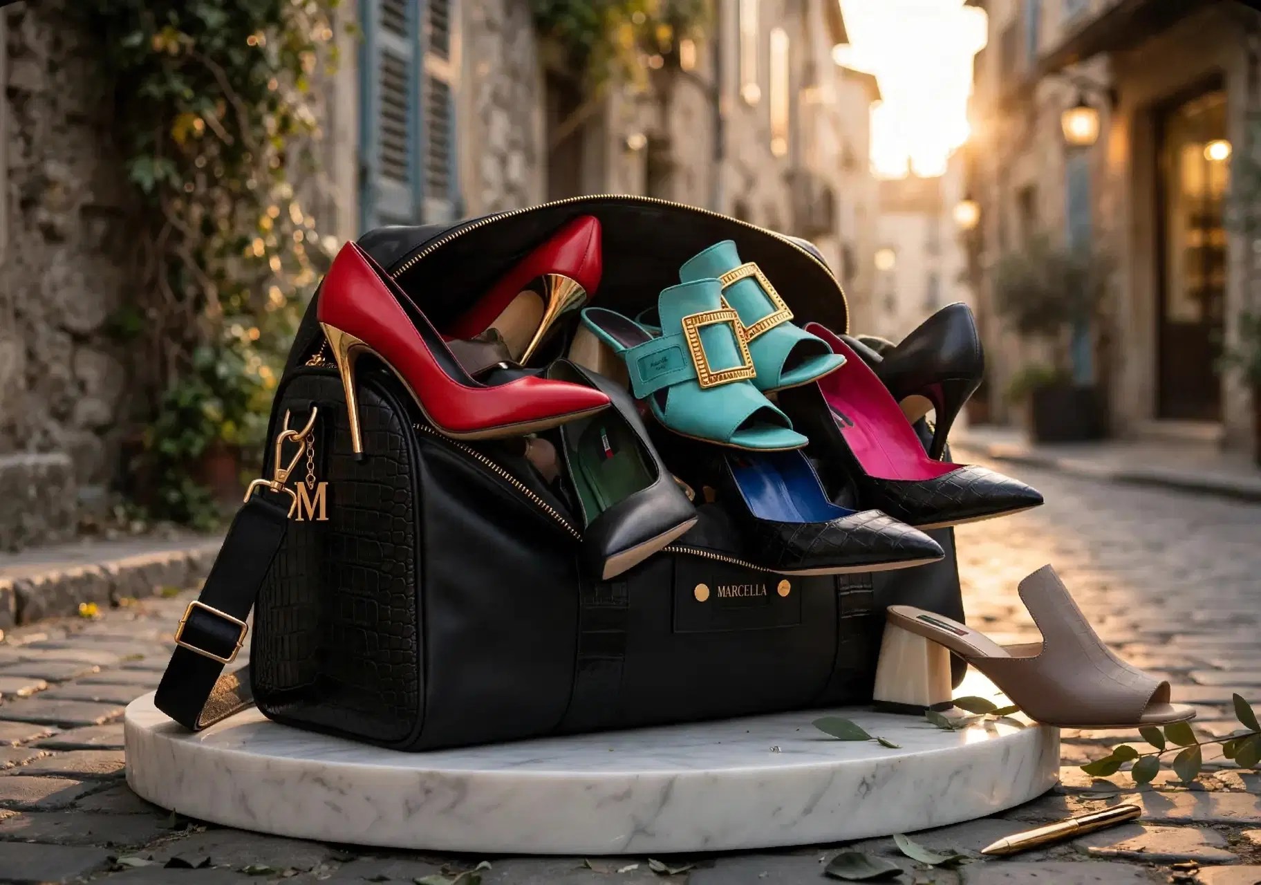 Marcella Italian-made heels and sandals arranged in a leather weekender on an Italian cobblestone street