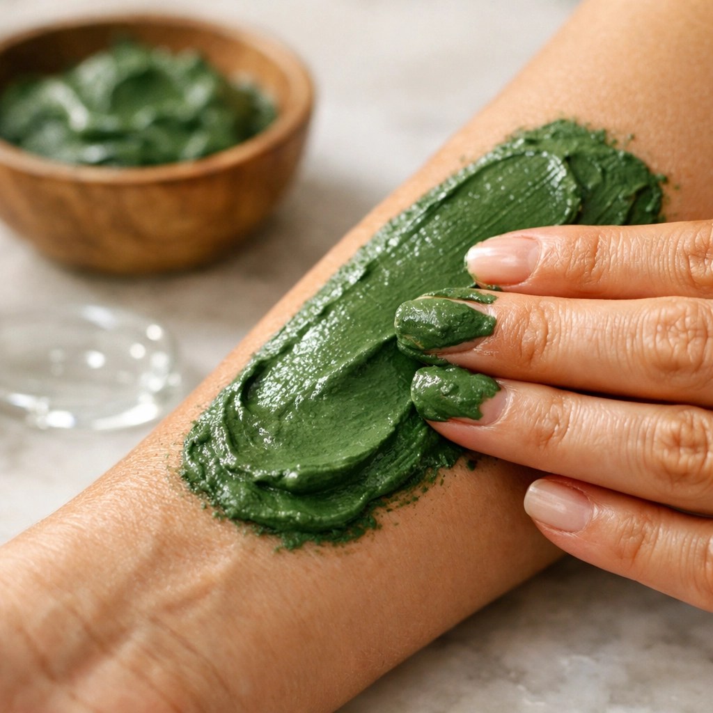Applying cooling green clay paste to the skin for natural eczema relief and soothing irritation.