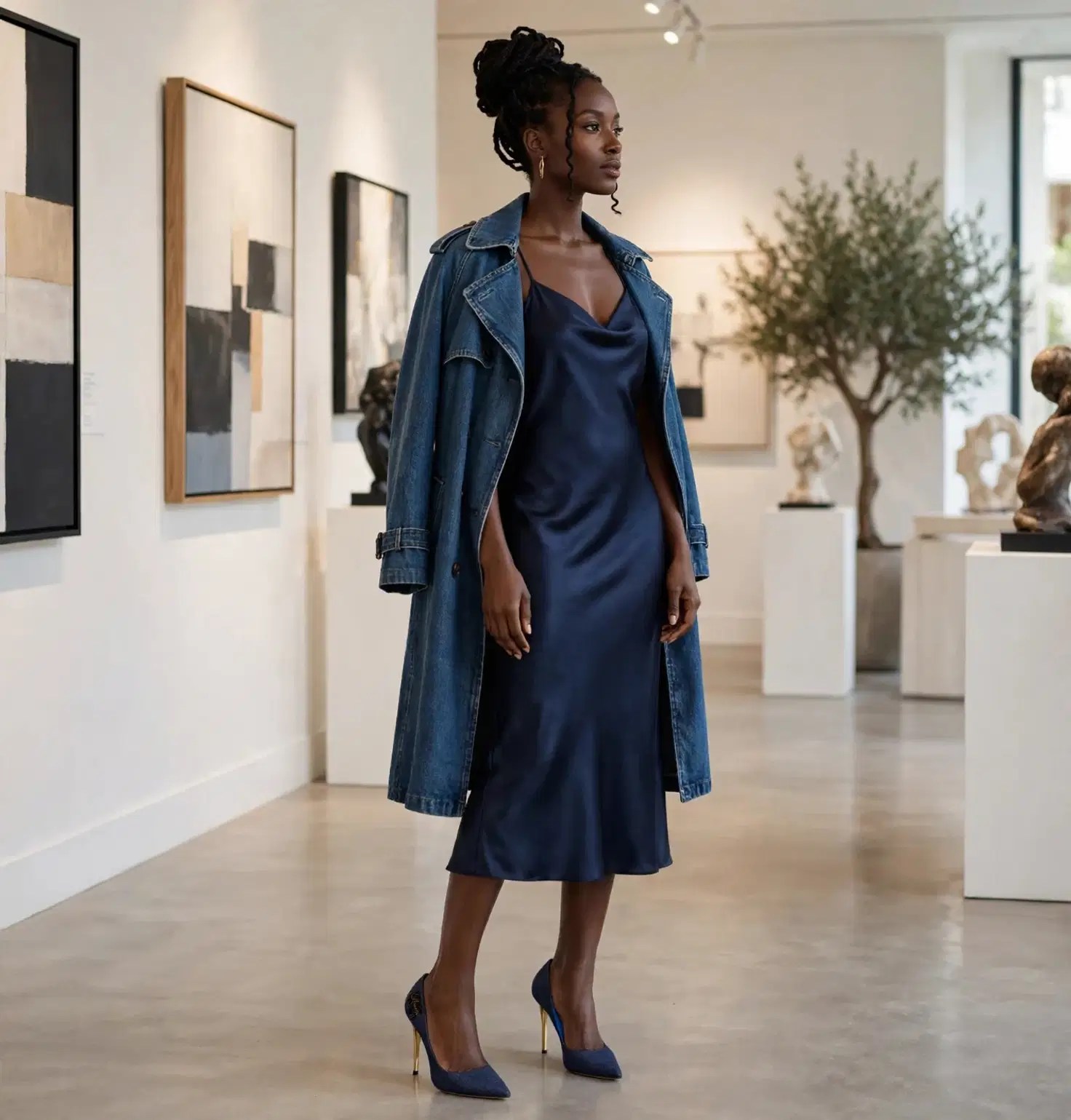 A pair of Marcella navy heels styled on a muse in a minimalist gallery