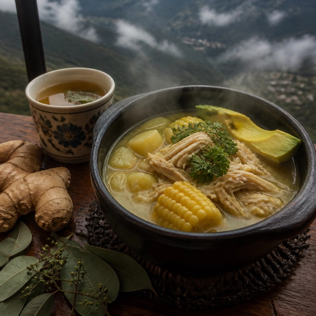 Sopa tradicional colombiana en cuenco de barro con hierbas medicinales para el frío