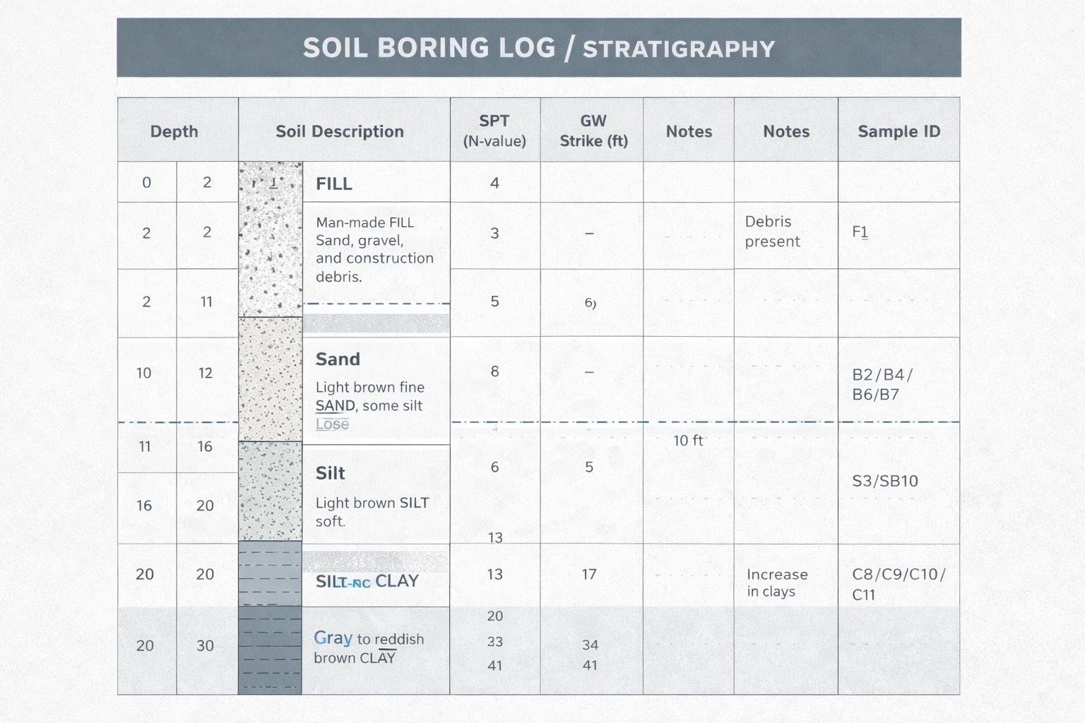Geotechnical soil boring log sheet showing stratigraphy by depth, sample IDs, SPT N-values, groundwater observations, and field notes.