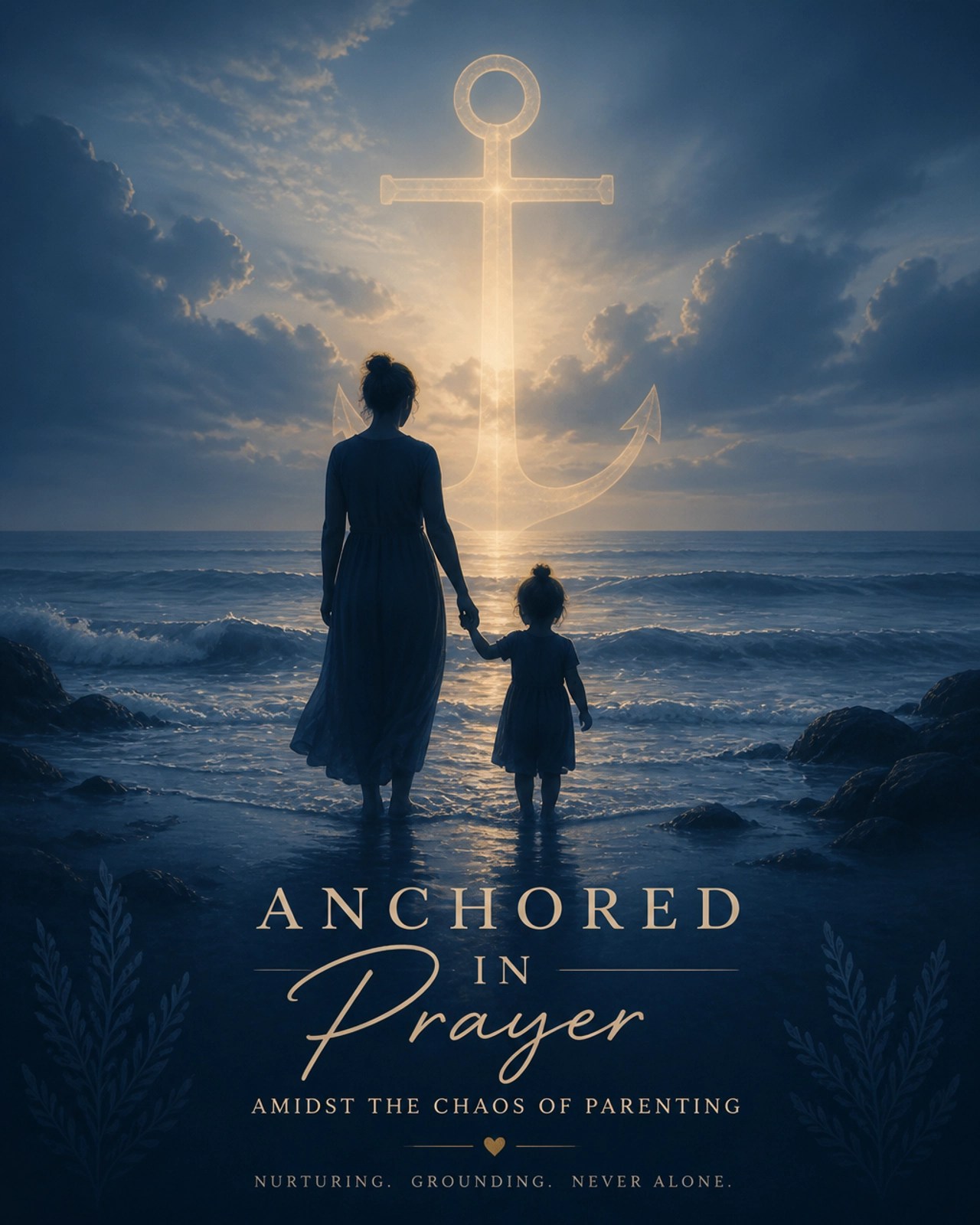 A peaceful oceanic silhouette of a mother and child with a faint anchor symbol in the sky.