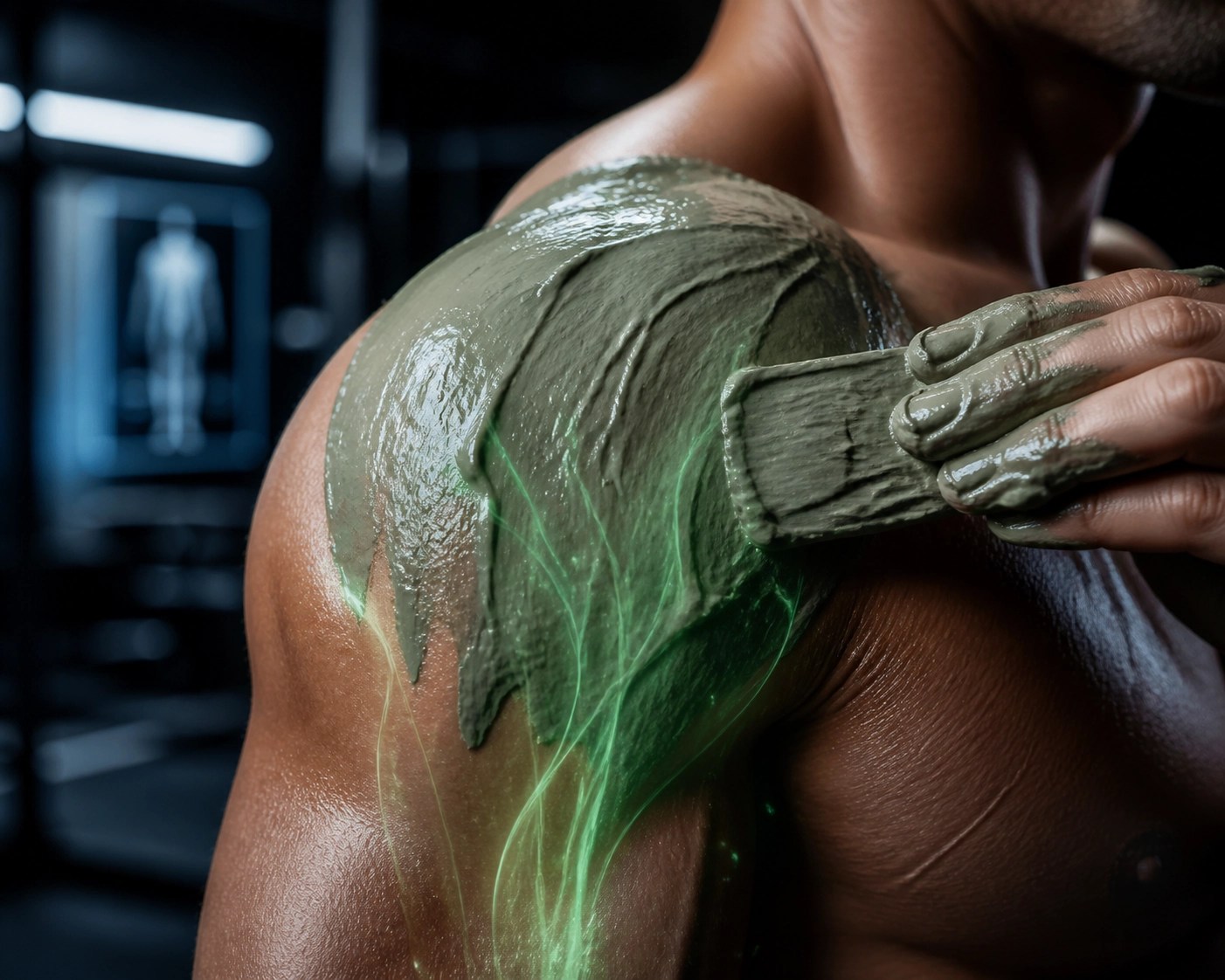 Close-up of French green clay applied to a shoulder to speed up sports recovery through detox science.