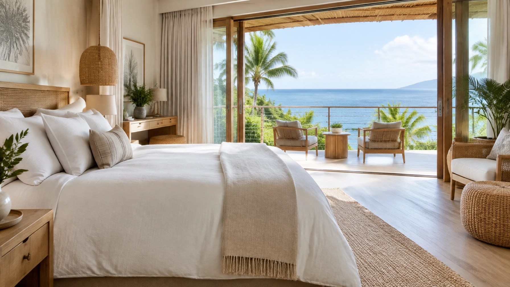 Elegant resort suite with white linens and open balcony doors overlooking the sea