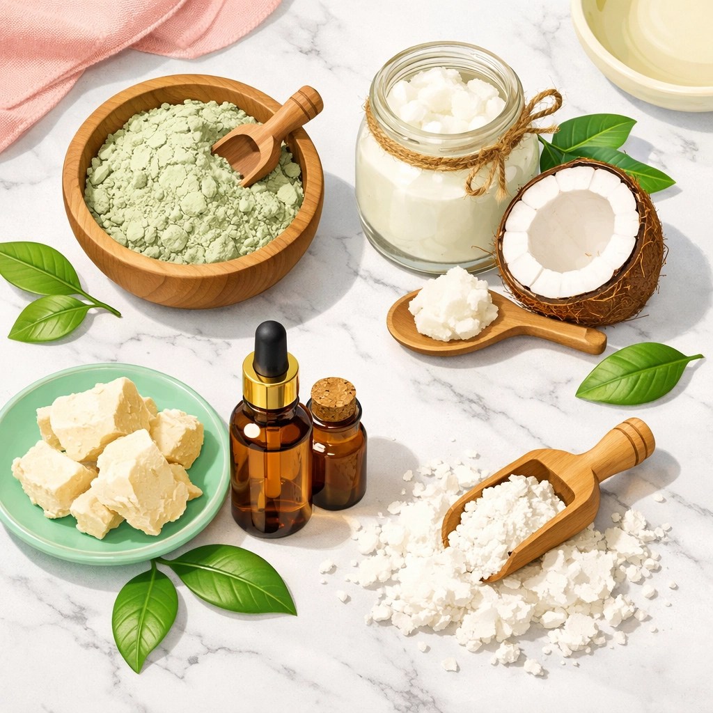A vibrant, almost-realistic cartoon illustration of diverse natural ingredients arranged in an attractive flat-lay composition. Show clay powder in a wooden bowl, coconut oil in a glass jar, fresh green leaves, shea butter, essential oil bottles, and arrowroot powder scattered artistically on a clean white marble surface. Use bright, fresh colors with soft shadows, pastel accents (mint green, soft pink, cream), and a minimalistic style. Top-down perspective with excellent lighting creating a fresh, energetic feel.