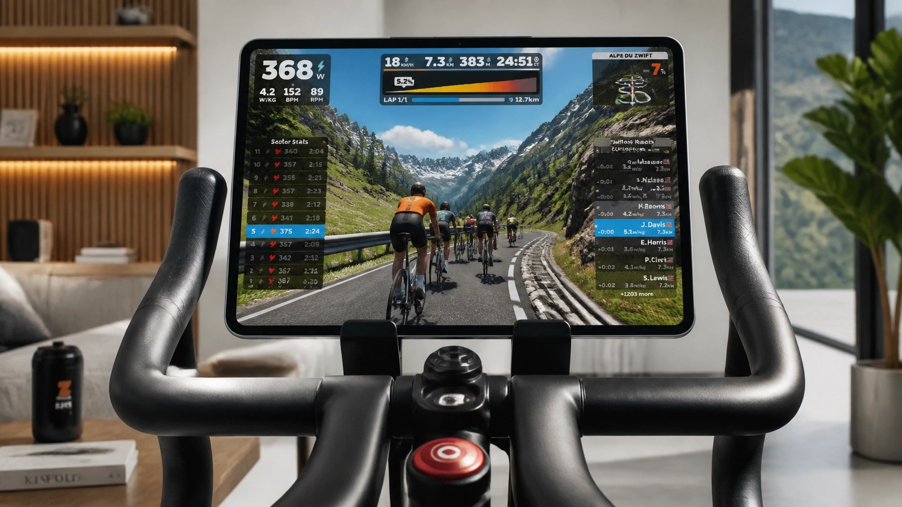 Close-up of a spin bike handlebar with a tablet showing a virtual cycling race