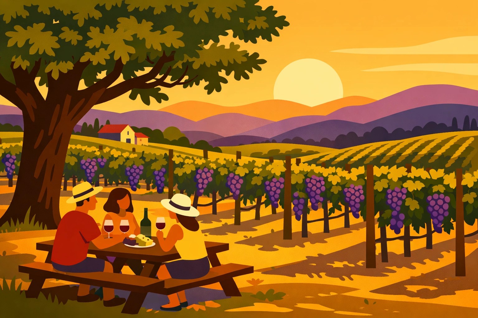 Summer vineyard wine tour in Virginia with guests enjoying shaded picnic area