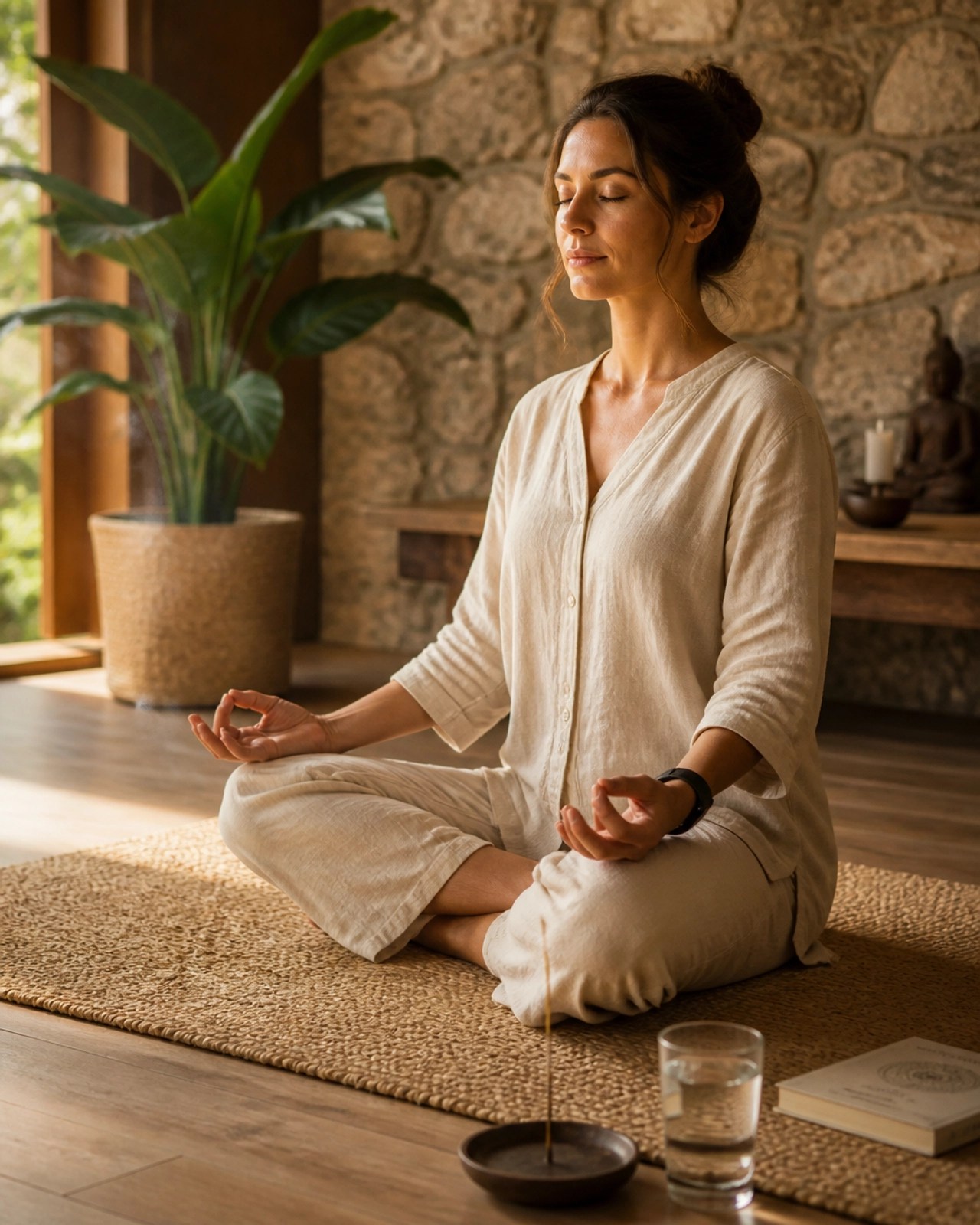 A person sitting in a peaceful meditative posture while wearing a modern health-tracking device