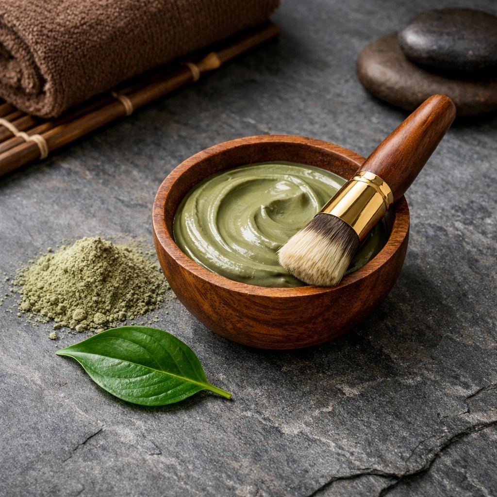 Pure green healing clay paste in a wooden bowl with an applicator brush for natural skin detox.