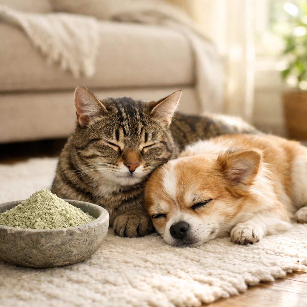 Dog and cat next to a bowl of mineral-rich green clay for natural pet skin healing.