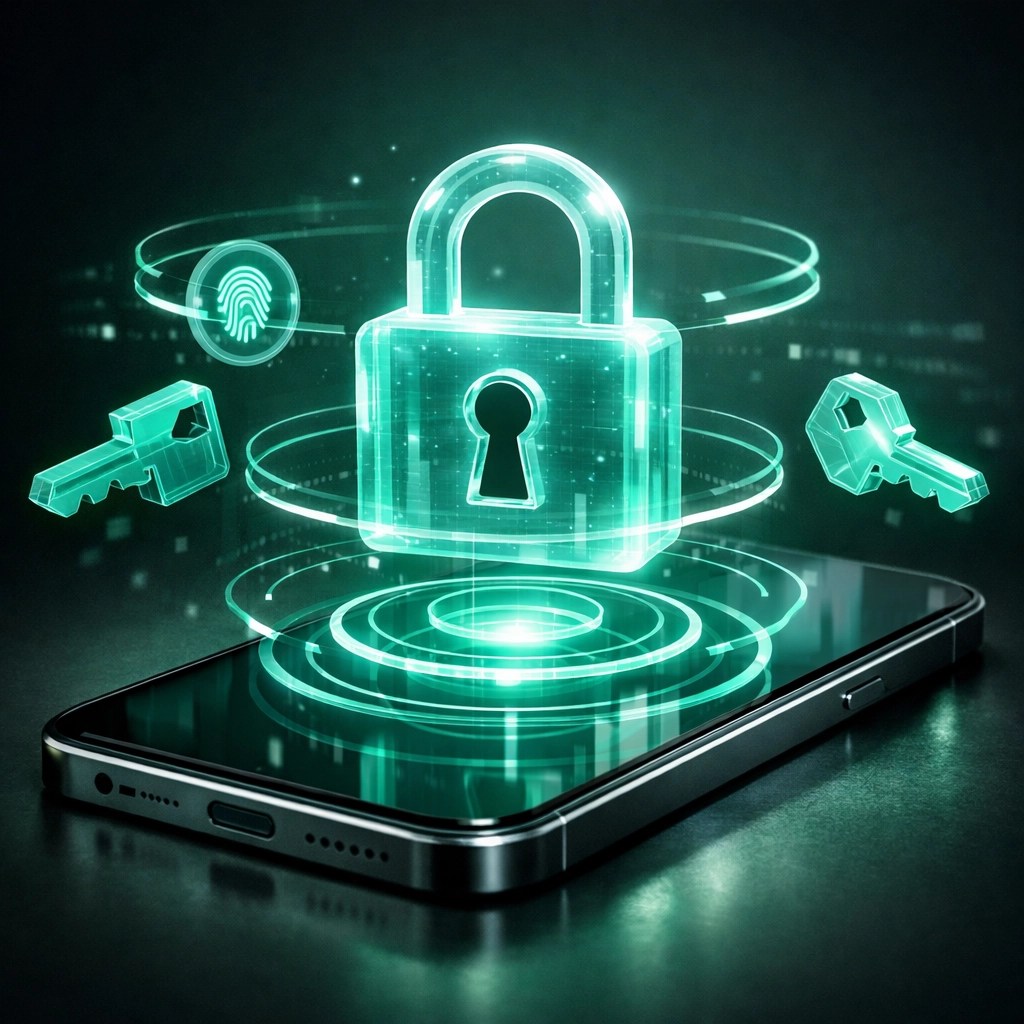 Digital padlock over a smartphone representing multi-factor authentication and business data security.