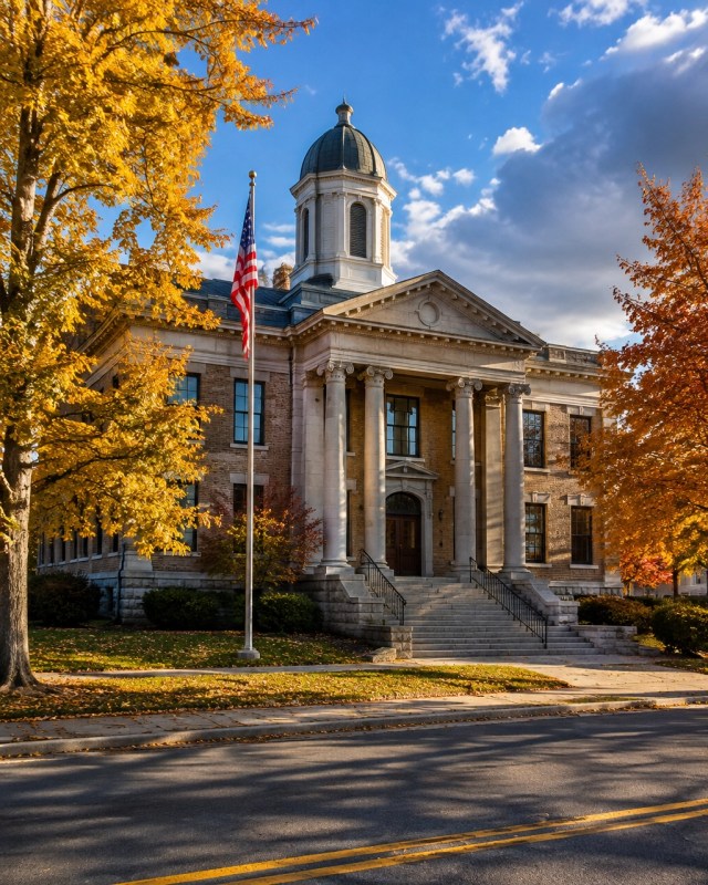 A small-town courthouse in Upstate New York framed by autumn trees