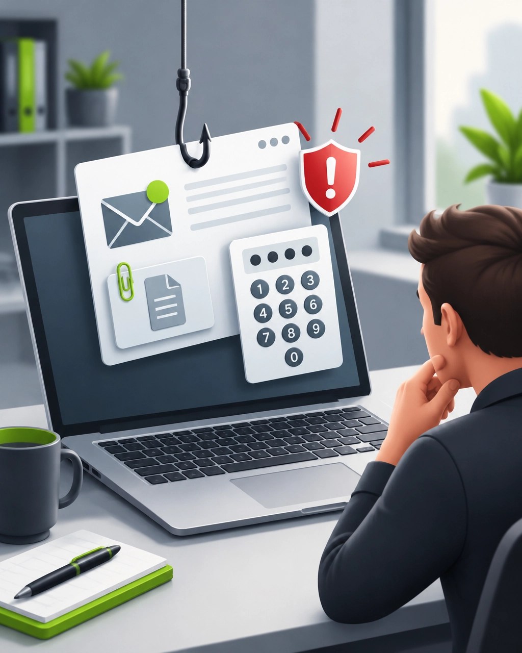 A suspicious document email, attachment icon, and warning shield on a laptop