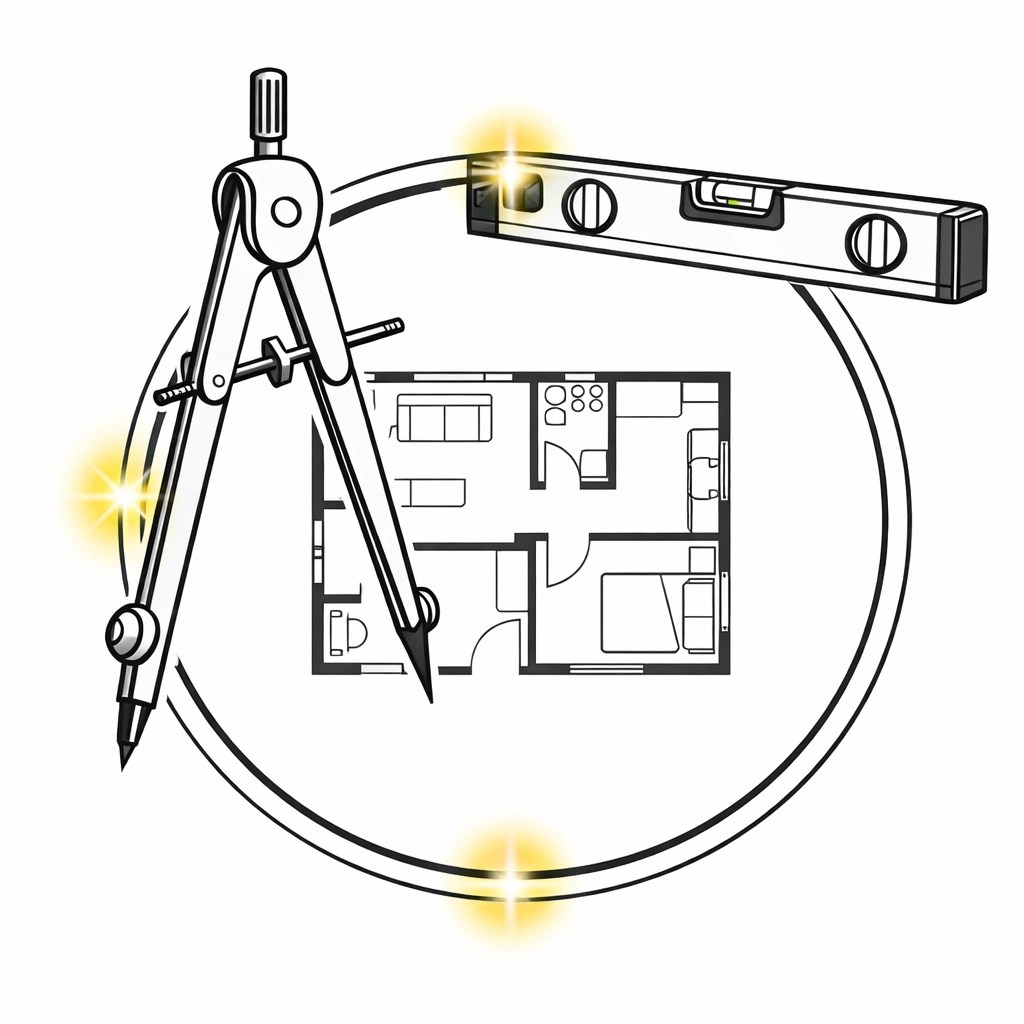 Architectural tools and floor plan line art representing integrated design-to-build construction services.