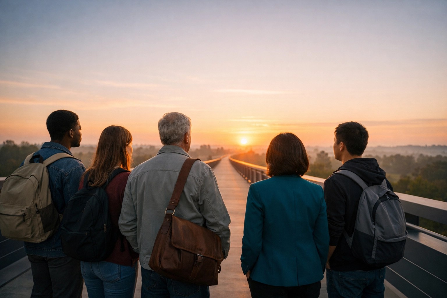 Diverse group of students on a bridge at sunrise, symbolizing the pathway to life purpose and success.