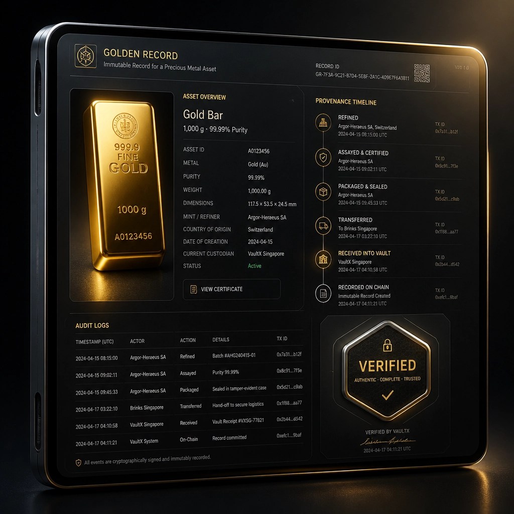 A digital interface showing a 'Golden Record' for a precious metal asset, featuring audit logs and provenance markers.