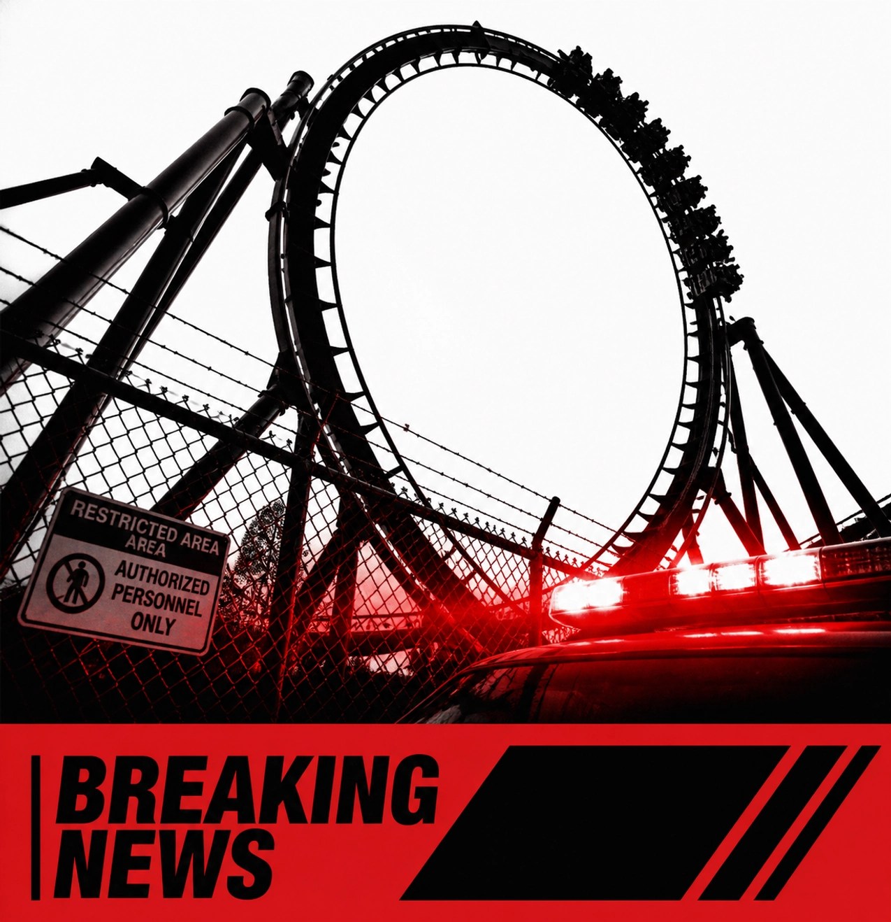 Silhouette of a roller coaster loop with red emergency lights highlighting Los Angeles public safety alerts.
