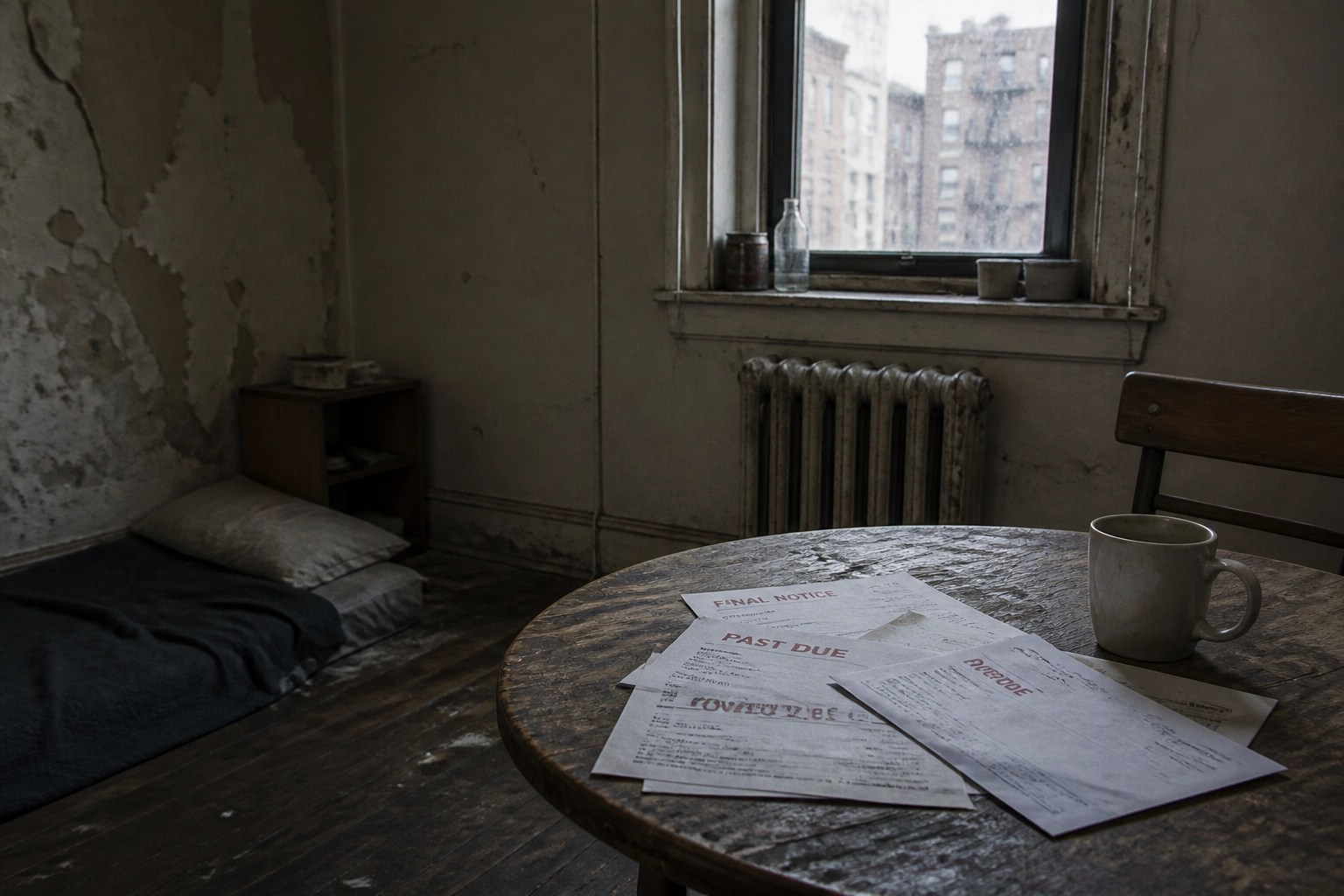 A cramped apartment corner with peeling paint, worn fixtures, and unpaid bills on a table.