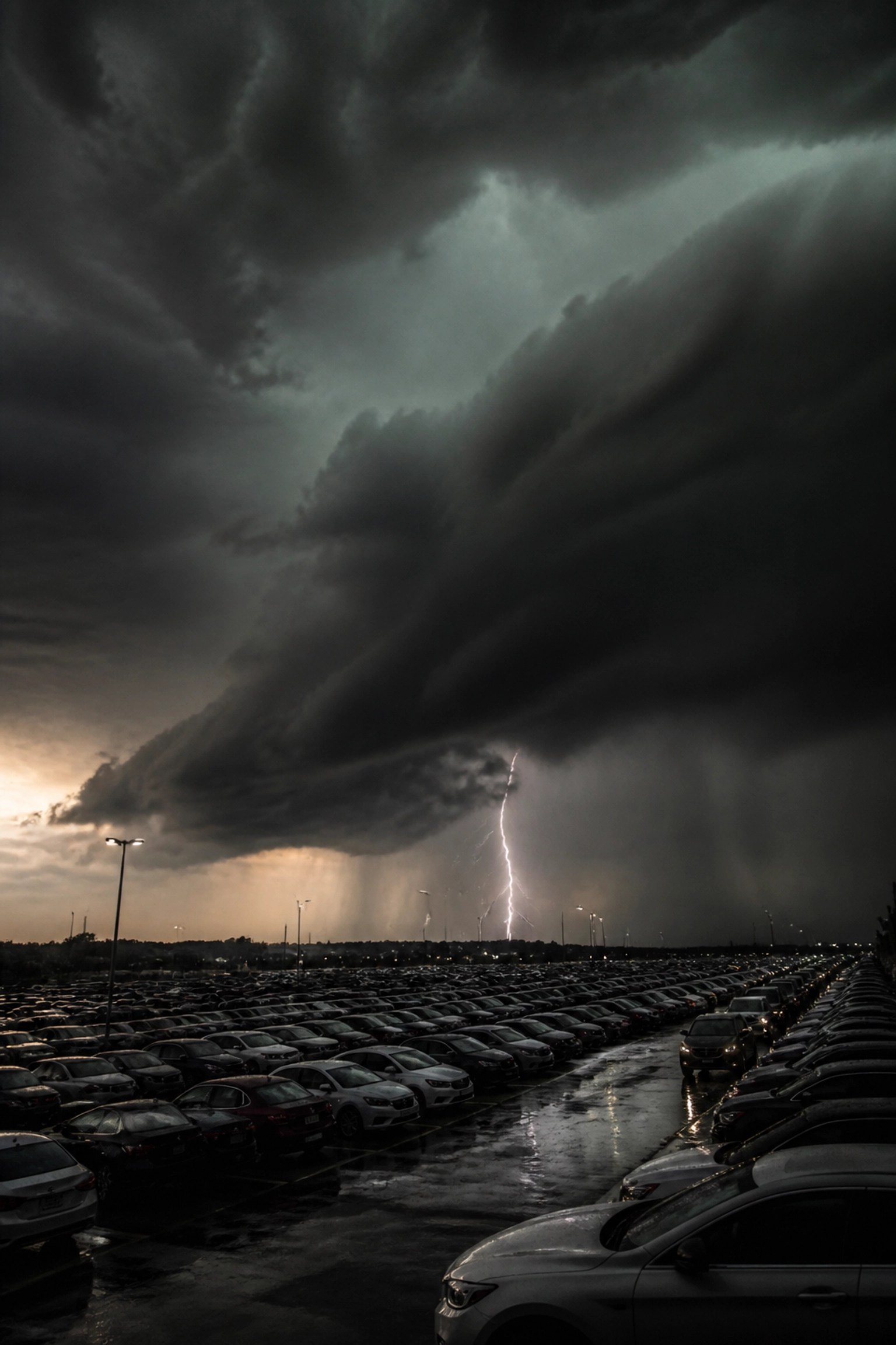 Dark storm clouds over a car dealership lot showing the need for rapid PDR technician deployment.