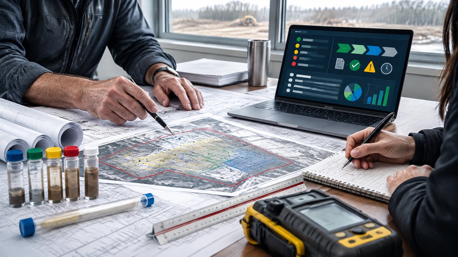 Environmental permit-readiness workflow with plans, sampling equipment, and project dashboard