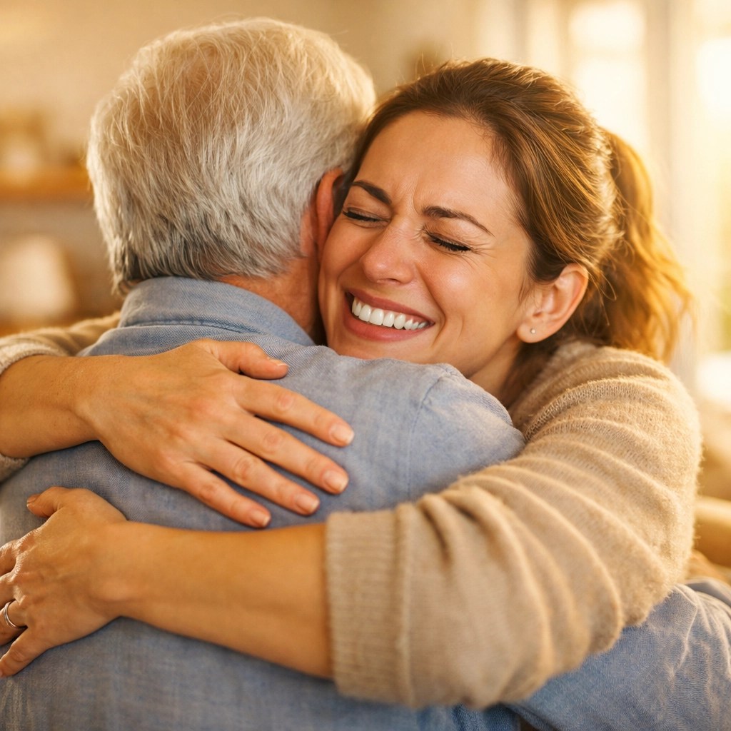 Senior man hugging his daughter, illustrating the peace of mind provided by final expense insurance.