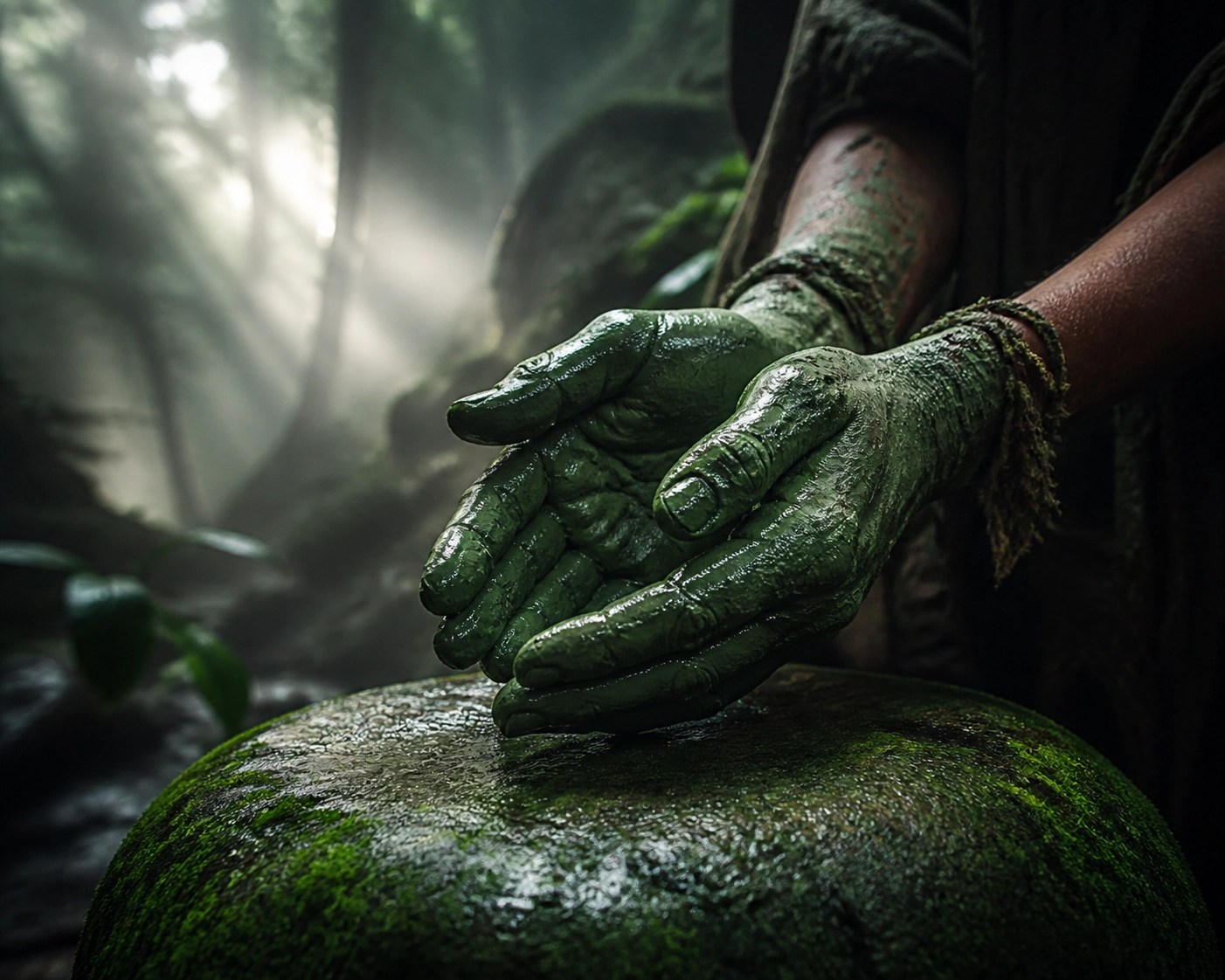 Hands coated in thick French green clay for natural antimicrobial skin detoxification.