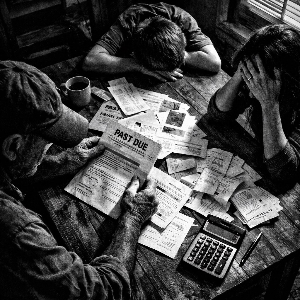 Working family struggles with bills and debt at kitchen table in 2026