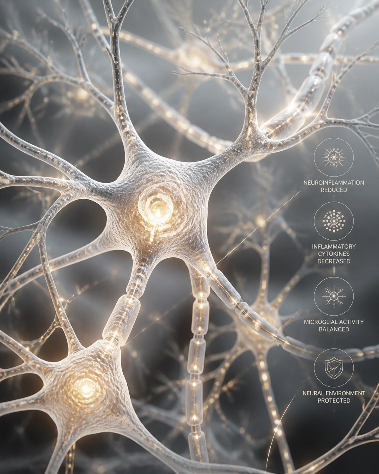 Stylized microscopic view of healing neurons and reduced inflammation