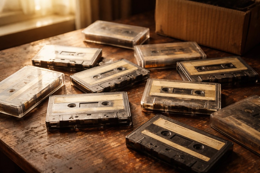 Aged audio cassette tapes on a wooden table showing signs of wear, illustrating the need for audio cassette to digital service.