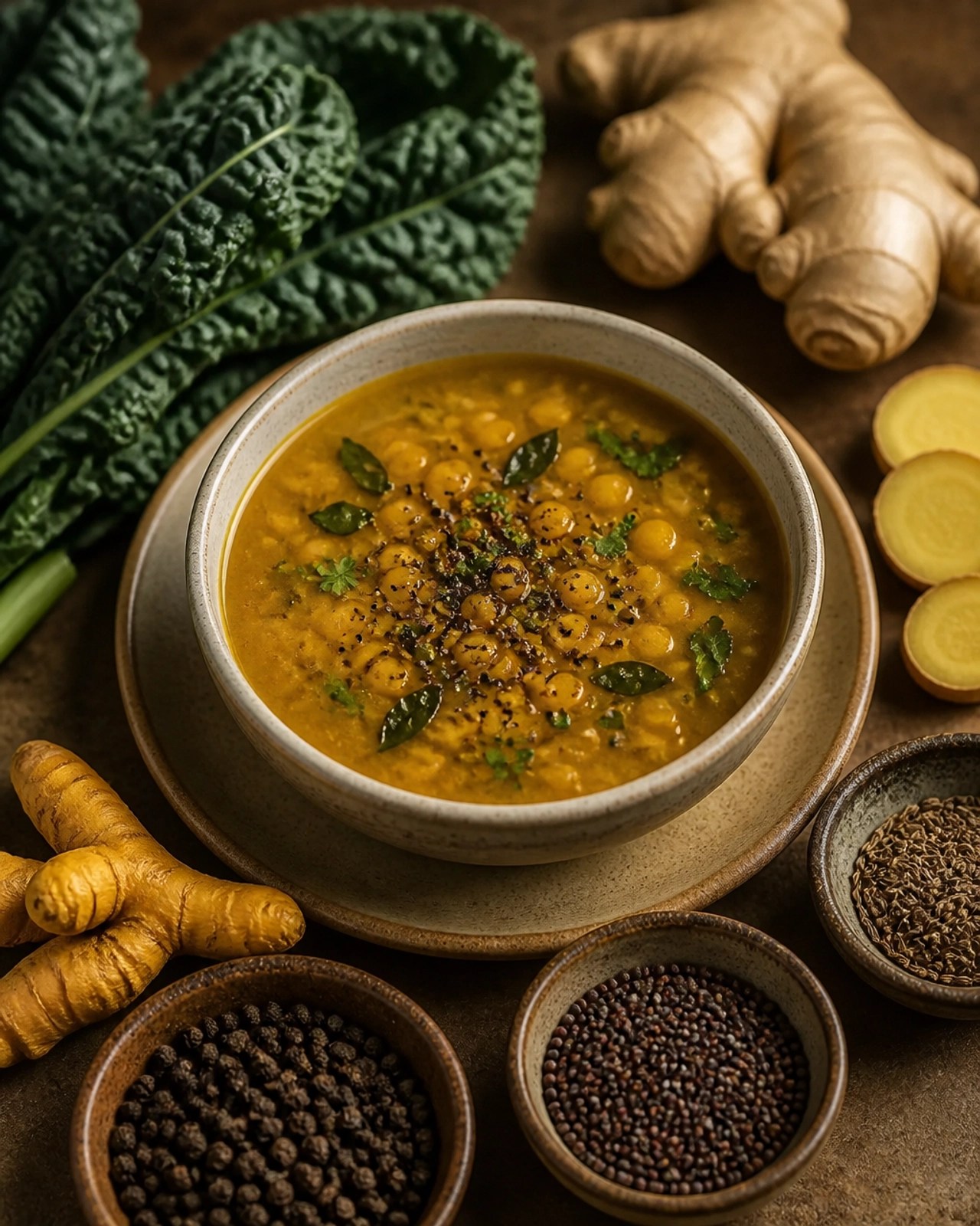 A stimulating bowl of spicy lentil soup with black pepper, fresh ginger, and bitter greens to balance Kapha.
