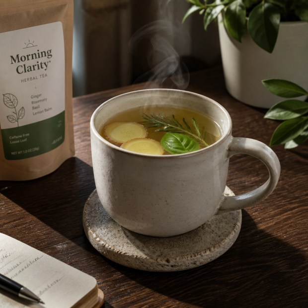A steaming ceramic cup of 'Morning Clarity' tea with fresh ginger, rosemary, and basil on a stone coaster.