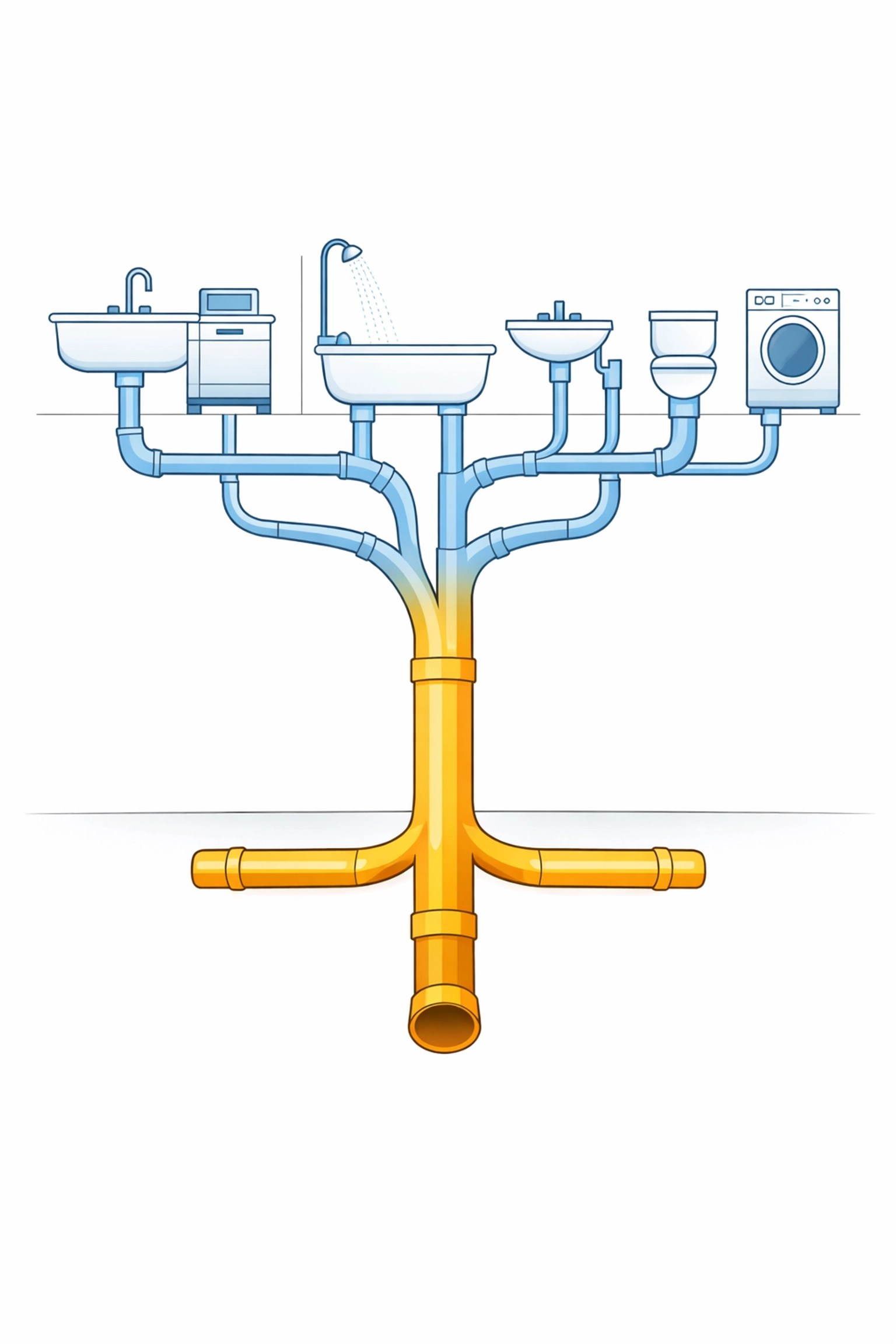 Home plumbing system diagram showing individual drain pipes connecting to main sewer line