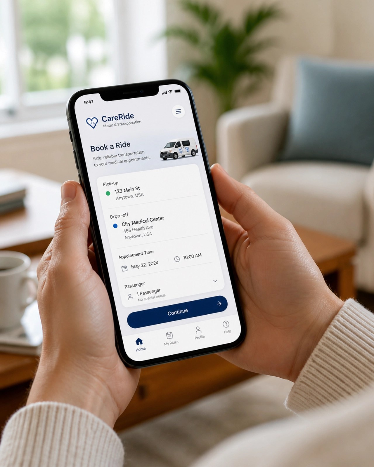 A caregiver using a modern booking app to secure a medical ride from home